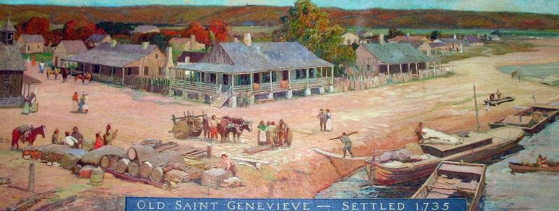 A historic painting depicting the early settlement of Old Saint Genevieve in 1735, showcasing buildings, people, and riverboats along a sandy shore.